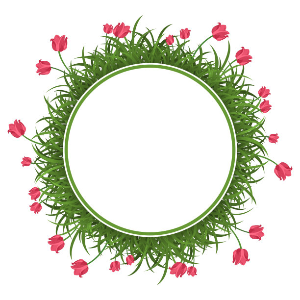 圆形的边框上有绿草和红色的郁金香。图片下载