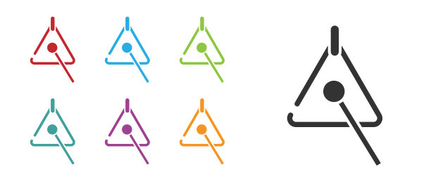 黑色三角形乐器图标孤立的白色背景。设置图标丰富多彩。向量图片下载