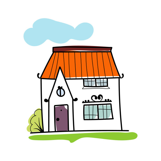 手绘房屋草图，有树的独立家庭房屋。涂鸦卡通矢量插画的家甜蜜的家。房子外观。图片下载