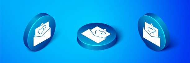 等距贺卡图标孤立在蓝色背景。庆祝海报模板的邀请或贺卡。蓝色圆按钮。向量图片下载