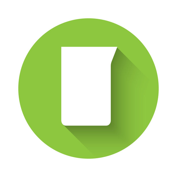 白色实验室玻璃器皿或烧杯图标，带有长阴影。绿色圆圈按钮。向量图片下载