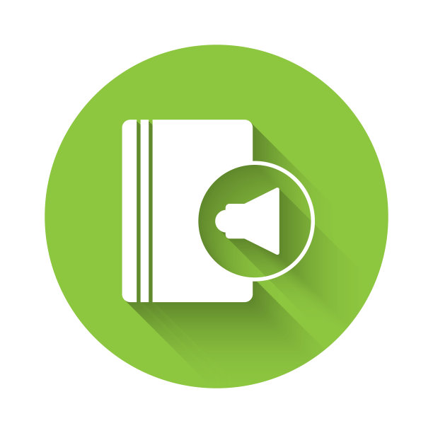 白色音频书图标孤立与长影子。书和耳机。音频引导标志。在线学习的概念。绿色圆圈按钮。向量图片下载