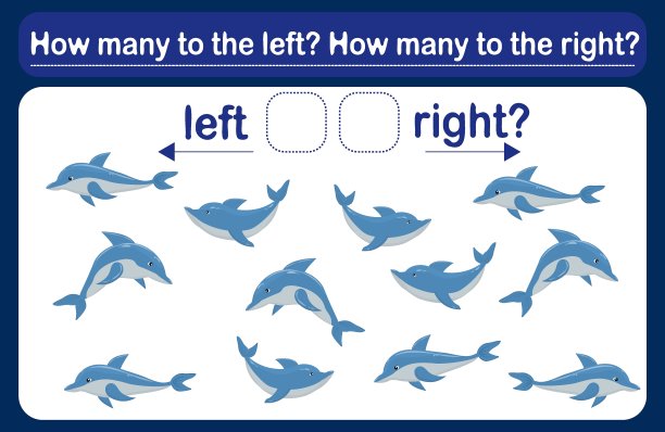 一种儿童逻辑游戏，叫做左或右。海豚的空间定位。培训表。数一数有多少只海豚向左转，有多少只向右转。图片下载