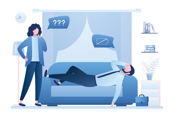 不开心，疲惫的办公室职员躺在沙发上。经理工作过度，情绪紧张。妻子担心丈夫疲倦。图片下载