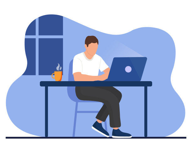 男人正用一台笔记本电脑在台式机前工作。自由职业者，在线教育，网上冲浪或办公室职员。矢量插图卡通风格图片下载