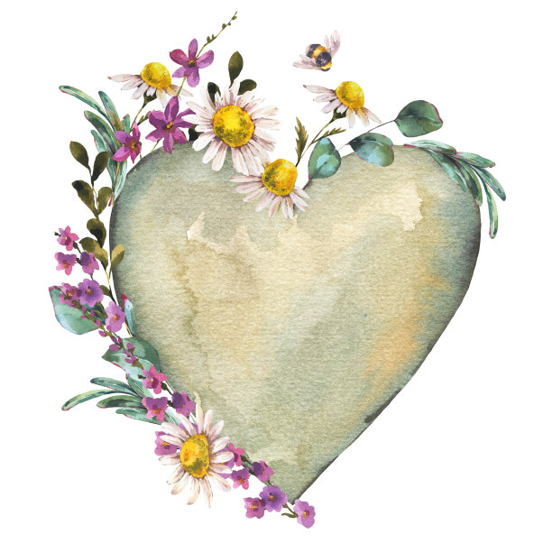 水彩心花标签与野花，自然复古贺卡图片下载