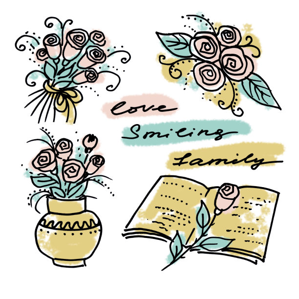 白色背景上的线条艺术风格的一组元素。花瓶上插着鲜花，打开的书，玫瑰花和字母，爱微笑的家人。黄色、绿色和粉红色图片下载