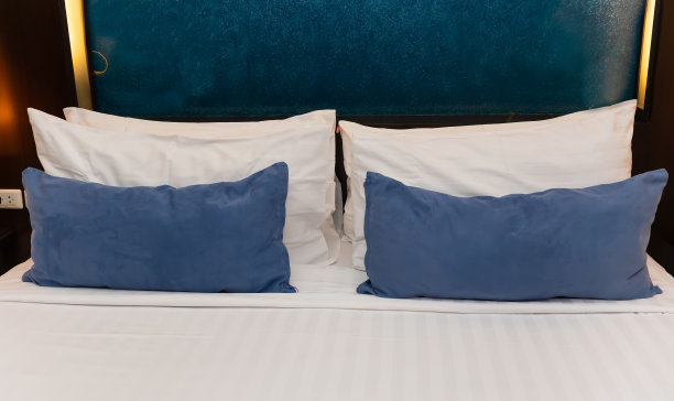 选择焦点的蓝色靠垫和白色枕头，使现代卧室室内时尚的时尚背景相结合图片下载