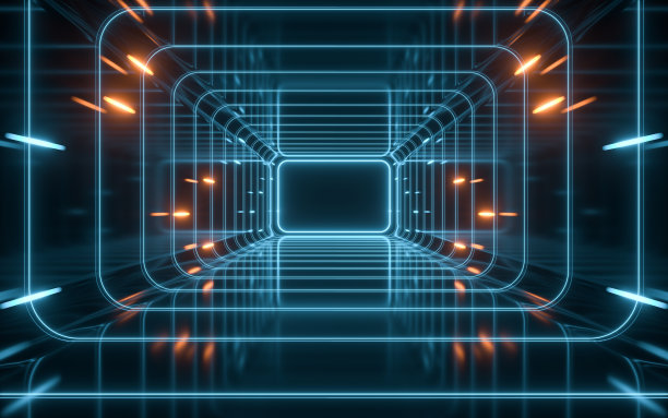 隧道和霓虹灯黑色背景，3d渲染。图片下载