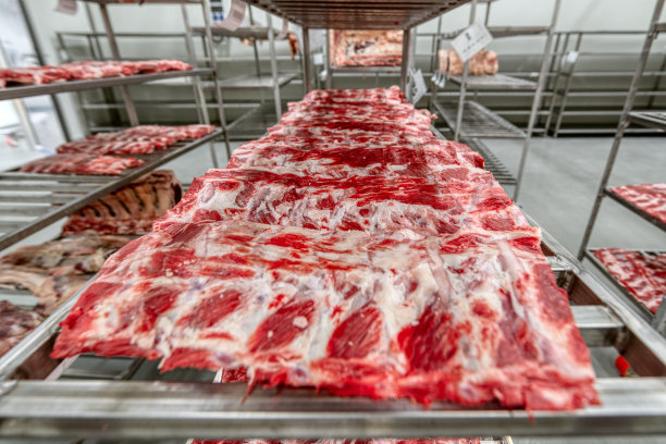 金属架子上放着新鲜生牛排骨图片下载