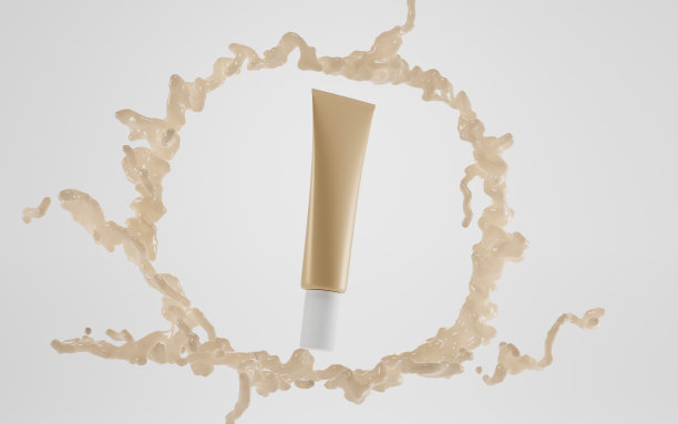 化妆品美容化妆产品管遮瑕膏或bb霜模拟横幅。粉底可在形状圈内飞溅。优雅的金色3d包装，瓶底液体奶油质地图片下载
