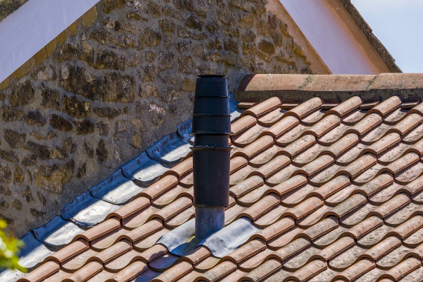 在赤陶土石板房的木头燃烧烟囱图片下载