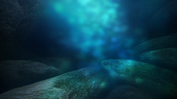 海水深，海底深，阳光透过水，水下的世界，黑暗的海的背景。水下的岩石和石头。海砂。三维渲染图片下载
