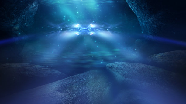 海水深，海底深，阳光透过水，水下的世界，黑暗的海的背景。水下的岩石和石头。海砂。三维渲染图片下载