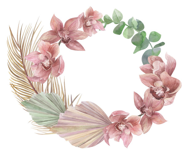 圆形框架画在水彩兰花和干棕榈叶图片下载