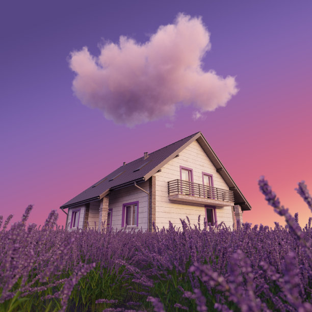 薰衣草农场乡村房屋3d渲染艺术图片下载