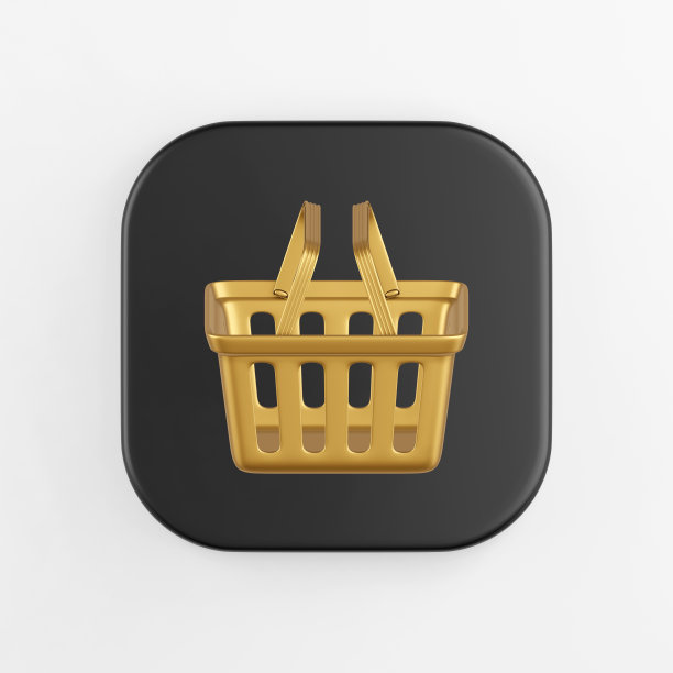 超市金色购物篮图标。3d渲染黑色方形按键，界面UI ux元素。图片下载