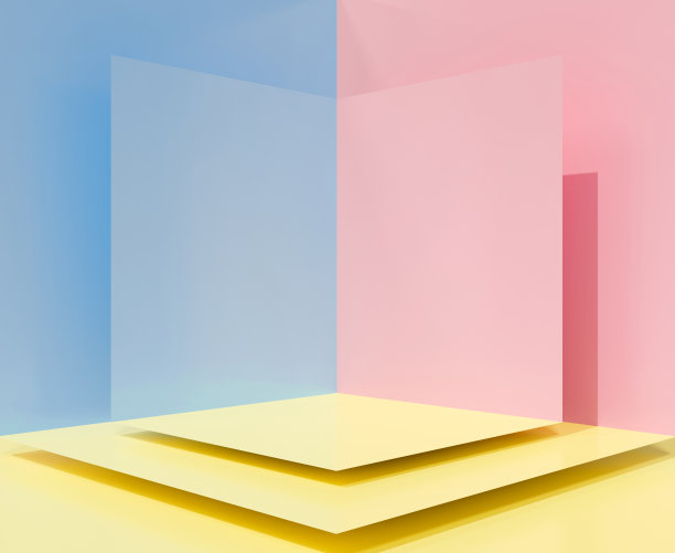 可爱的3d渲染空白舞台领奖台，台座赢家，显示产品在工作室。角落墙背景场景上柔和的颜色。黄粉蓝抽象画。室内创意理念简约主义。图片下载