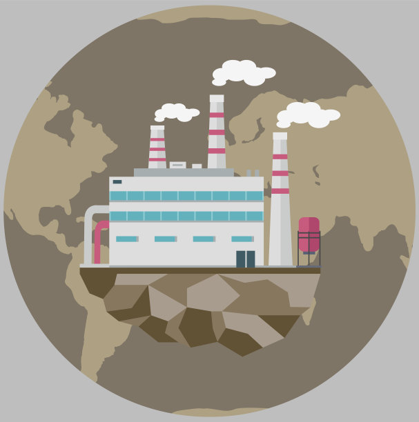 企业孤立在一块土地上。建造，破坏地球，排放灾难性的气体图片下载