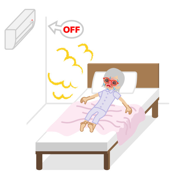 老年妇女在闷热的卧室里-空调是关闭的图片下载