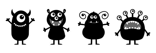 怪物设置行。万圣节快乐。可爱可爱的卡通婴儿角色图标。眼睛，牙齿，牙齿，舌头，手举下来。滑稽的脸，黑黑的剪影。平面设计。白色背景。图片下载