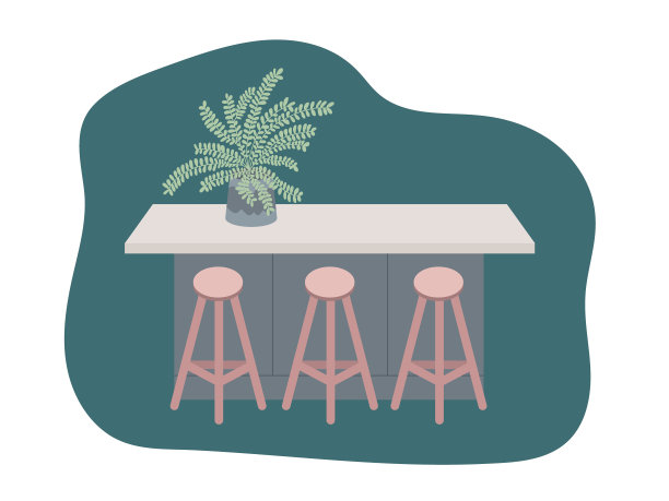 厨房岛与酒吧椅隔离。棕榈植物。图片下载