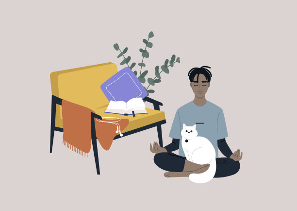 在家冥想，一个年轻的黑人男性角色坐在客厅的地板上，腿上放着一只猫图片下载