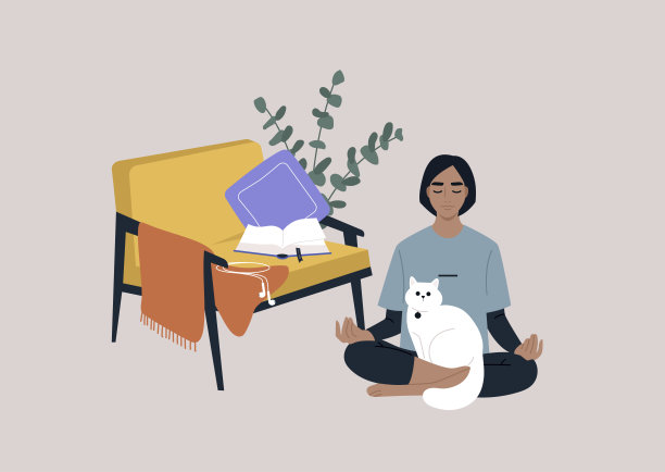 在家冥想，一个年轻的女性角色坐在客厅的地板上，一只猫坐在他们的腿上图片下载