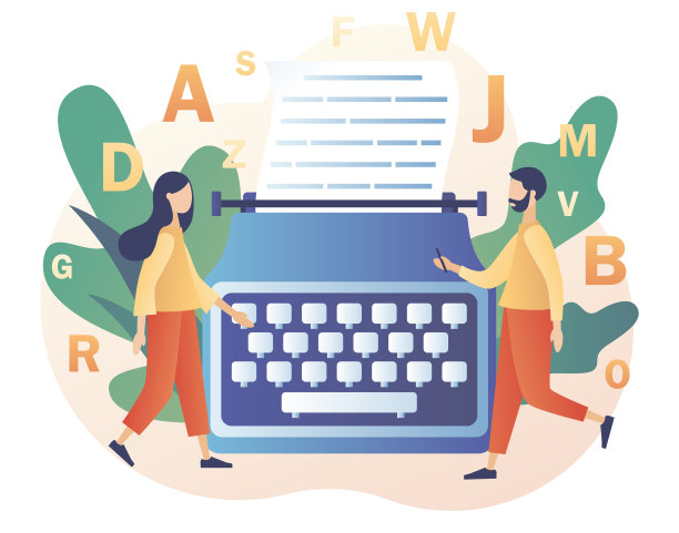 一群极具创造力的人在老式打字机上打字。专业作家，作家，编辑，记者，文案，内容经理，博客写手。现代平面卡通风格。矢量图图片下载