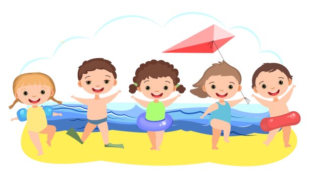 孩子们在沙滩上玩得很开心。海海洋。夏天的风景。湖。孤立在白色背景上。插图卡通风格。平面设计。矢量艺术图片下载