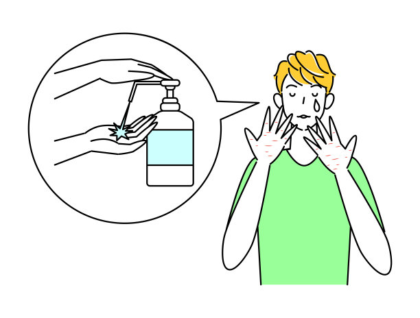 酒精消毒导致手部皮肤粗糙的可爱男人，简约矢量插画图片下载