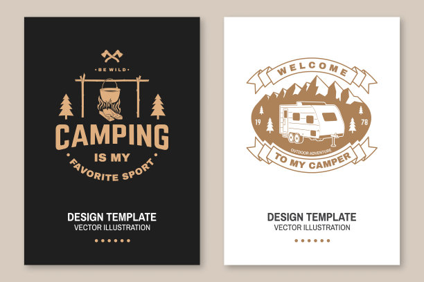 一套露营模板。向量。传单，小册子，横幅，海报设计与篝火，山，露营拖车和森林剪影。图片下载