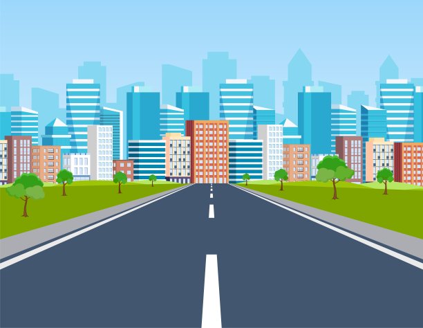 道路通往地平线上的城市建筑图片下载
