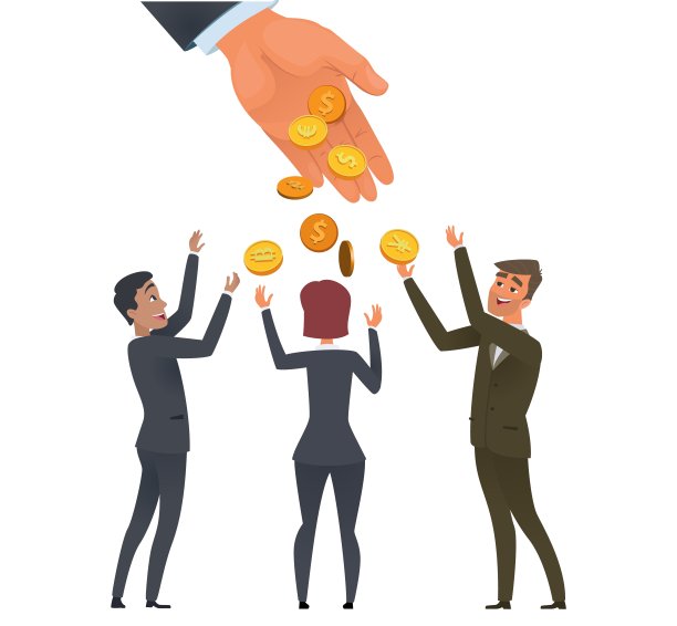 商业投资。欢乐团队，快乐商人，金币。从手向量的概念下降的钱图片下载