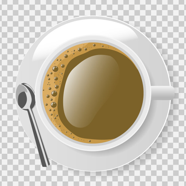 顶视图的白色咖啡杯与盘子和勺子在透明的背景图片下载