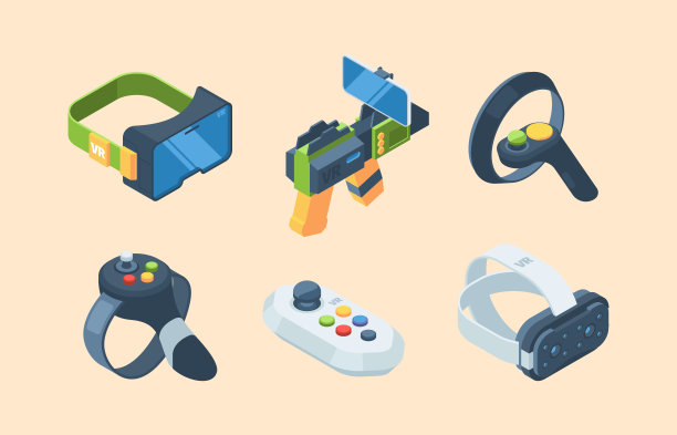 等距的虚拟现实。Vr游戏枪控制器视频景点360度视图有趣的经验花哨的矢量插图3d集图片下载