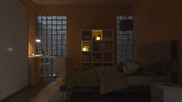 昏暗的卧室，玻璃块而不是窗户图片下载