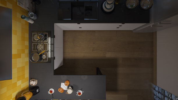 一个开放式照明厨房的俯视图图片下载