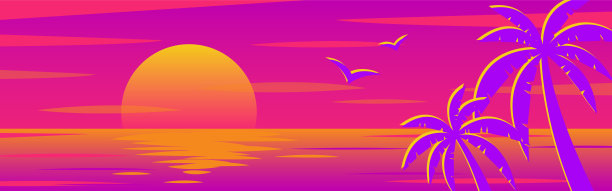 矢量背景与沙滩上的日落与棕榈横幅，卡片，传单，社交媒体壁纸等。图片下载