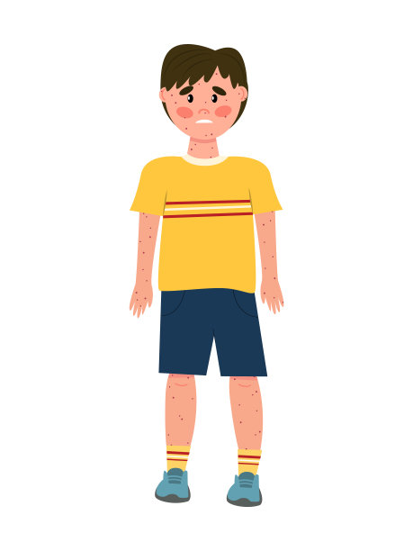 男孩与水痘。全身长满了红点，皮疹，过敏。皮肤疾病。白色背景上的孤立图像。矢量插图。卡通人物。图片下载