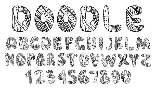 涂鸦波浪花边程式化的字母。矢量插图紫色手绘涂鸦，民族图案图片下载