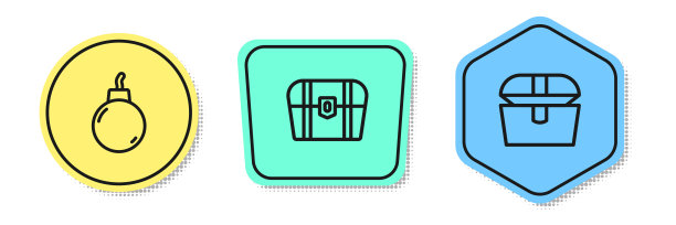 设定线炸弹准备爆炸，古董宝箱和。颜色的形状。向量图片下载