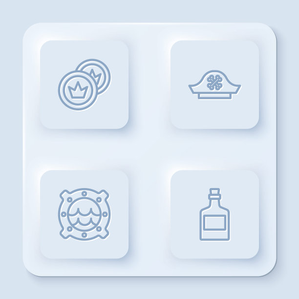 设置行海盗硬币，帽子，船舷窗与海景和酒精饮料朗姆酒。白色正方形按钮。向量图片下载