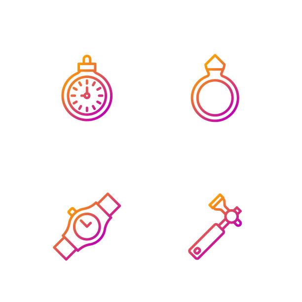 Set line珠宝商卢佩，手表，口袋和钻石订婚戒指。渐变颜色图标。向量图片下载