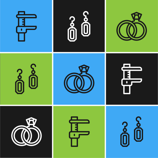 设置线卡尺或卡尺和刻度，结婚戒指和耳环图标。向量图片下载