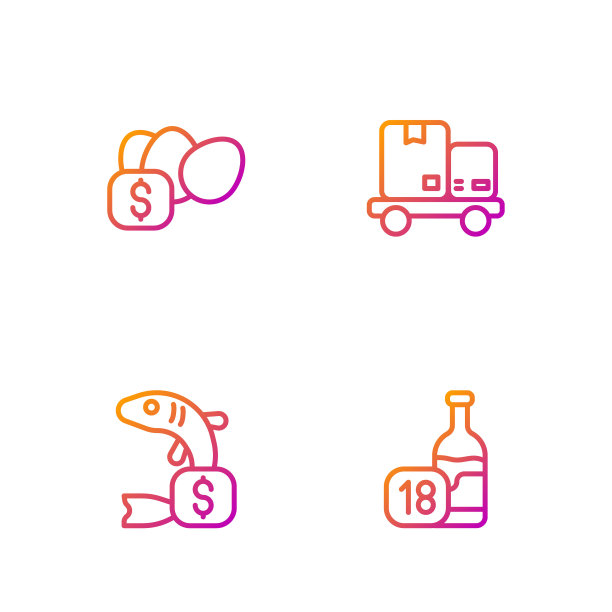 定线酒瓶，价格标签鱼，鸡蛋和手推车和盒子。渐变颜色图标。向量图片下载