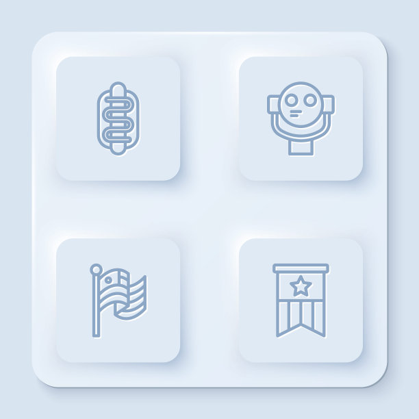 热狗三明治，观光望远镜，美国国旗和。白色正方形按钮。向量图片下载