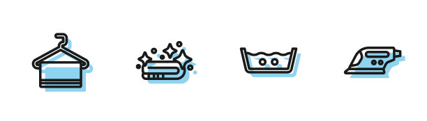 设置温度洗涤线，毛巾挂衣架，堆叠和电熨斗图标。向量图片下载