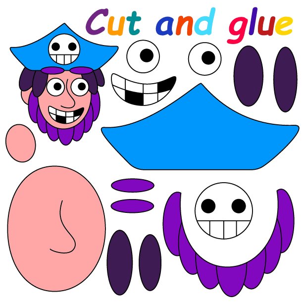 切割和胶水-纸工艺彩色可打印的工作表与海盗船长股票矢量插图图片下载