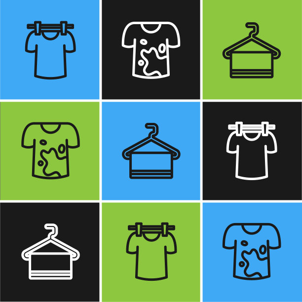 在衣架上放置晾晒衣服、毛巾和脏t恤的标志。向量图片下载